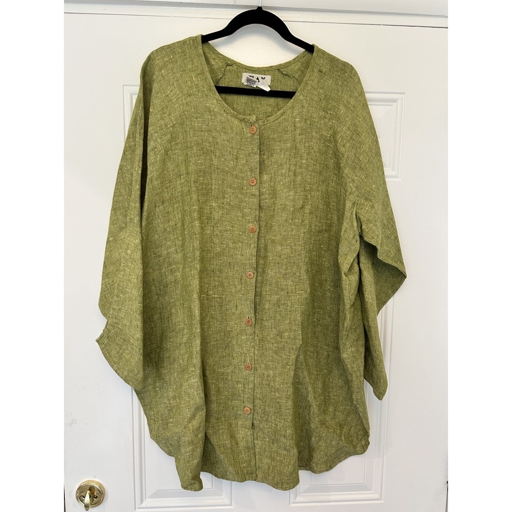 FLAX Large Green Blouse Shirt Linen Long Sleeve Crew neck Button Front Lagenlook